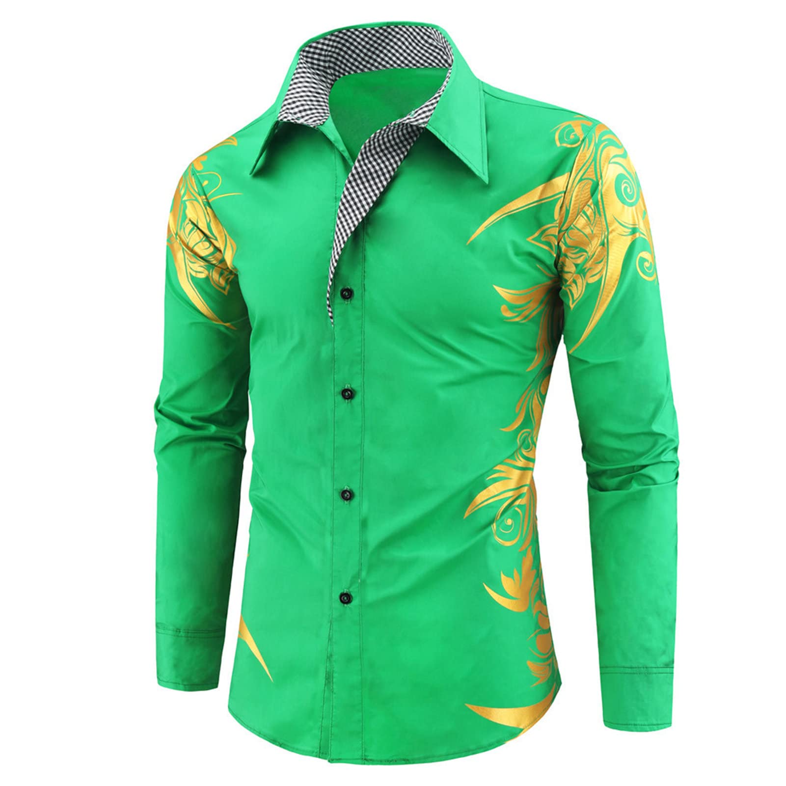 Mens Print Button Down Dress Shirt Shiny Golden Printed Long Sleeves Shirts Casual Floral Nightclub Shirt Costume (Green,XX-Large)