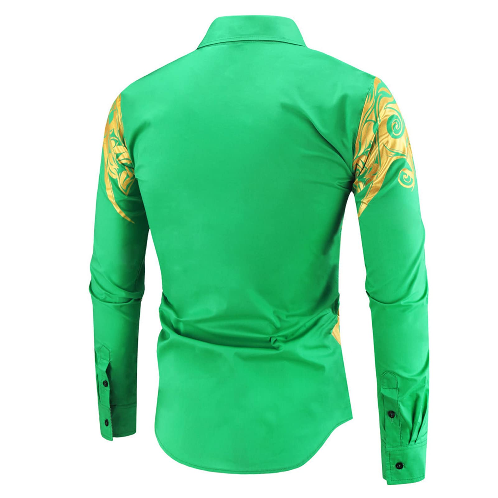 Mens Print Button Down Dress Shirt Shiny Golden Printed Long Sleeves Shirts Casual Floral Nightclub Shirt Costume (Green,XX-Large)