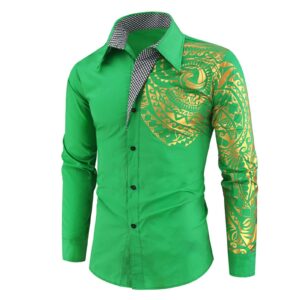 men's print button down dress shirt shiny golden printed long sleeves shirts casual slim floral nightclub costume (green,xx-large)