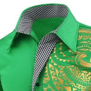 Men's Print Button Down Dress Shirt Shiny Golden Printed Long Sleeves Shirts Casual Slim Floral Nightclub Costume (Green,XX-Large)