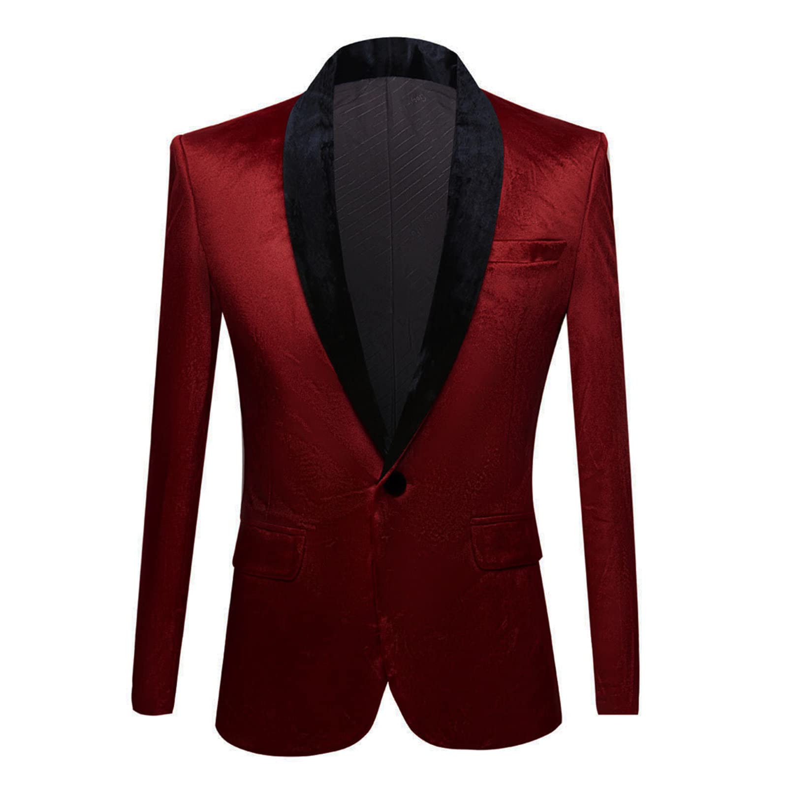 Men's Premium Velvet Blazer Jacket Slim Fit Solid Shawl Lapel Tuxedo Suit One Button Dinner Party Prom Sport Coat (Red,Small)