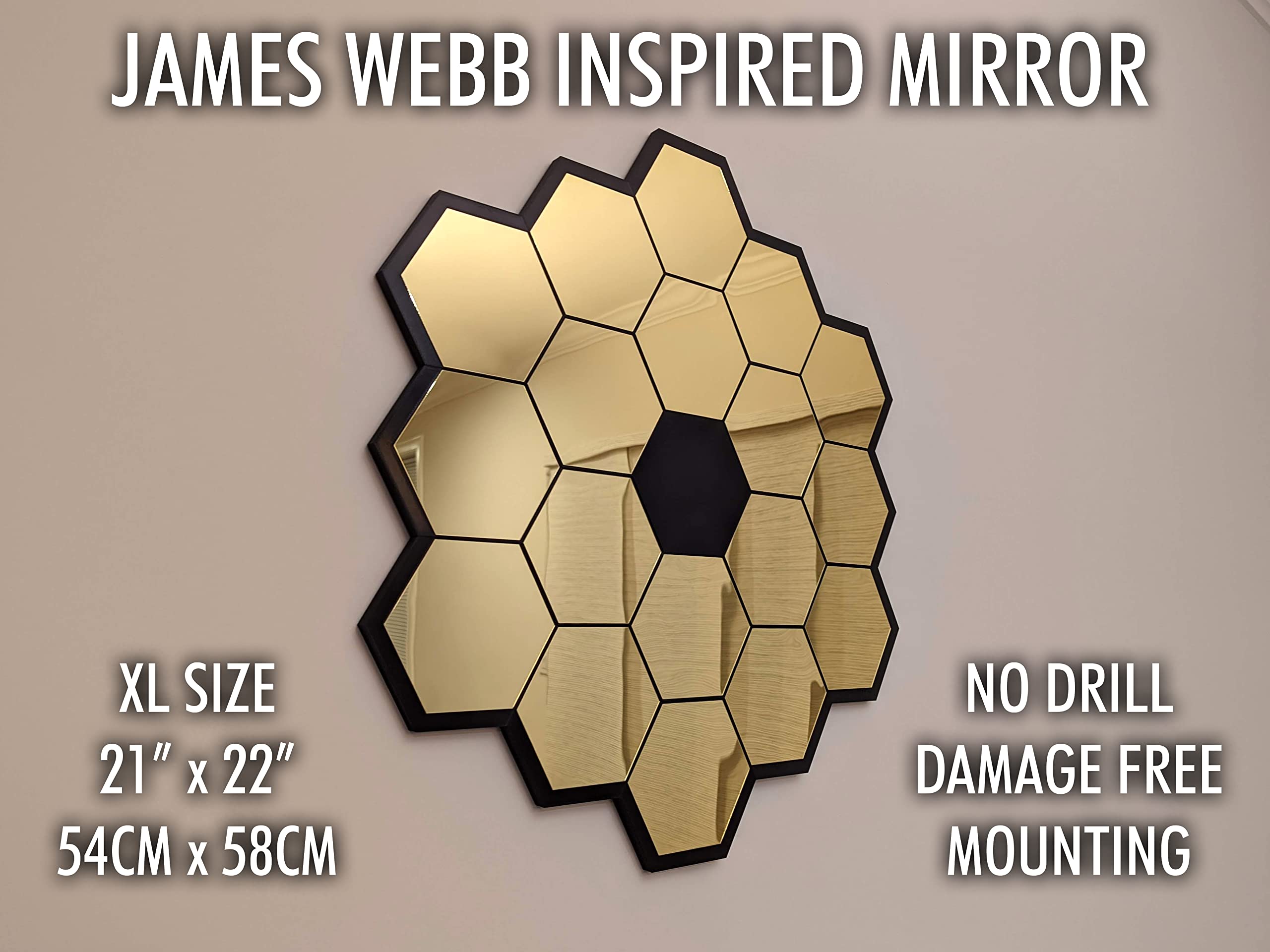 XL Space Telescope James Webb Inspired Mirror - Extra Large Size Sturdy - No Drill Damage Free Mounting Options - Home Decor Reflective Honeycomb Wall Art (Command Strip Mount)