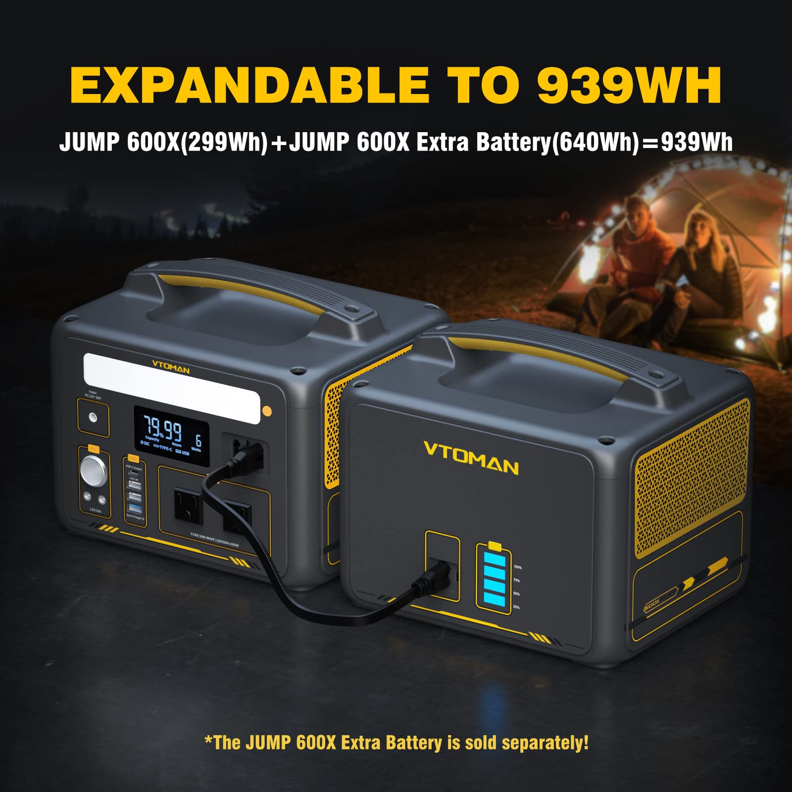 VTOMAN Jump 600X Portable Power Station 600W (1200W Peak), 299Wh LiFePO4 (LFP) Battery Powered Generator with 2x 110V/600W AC Outlets, 60W PD, Regulated 12V DC Output for RV/Van Camping & Home Backup