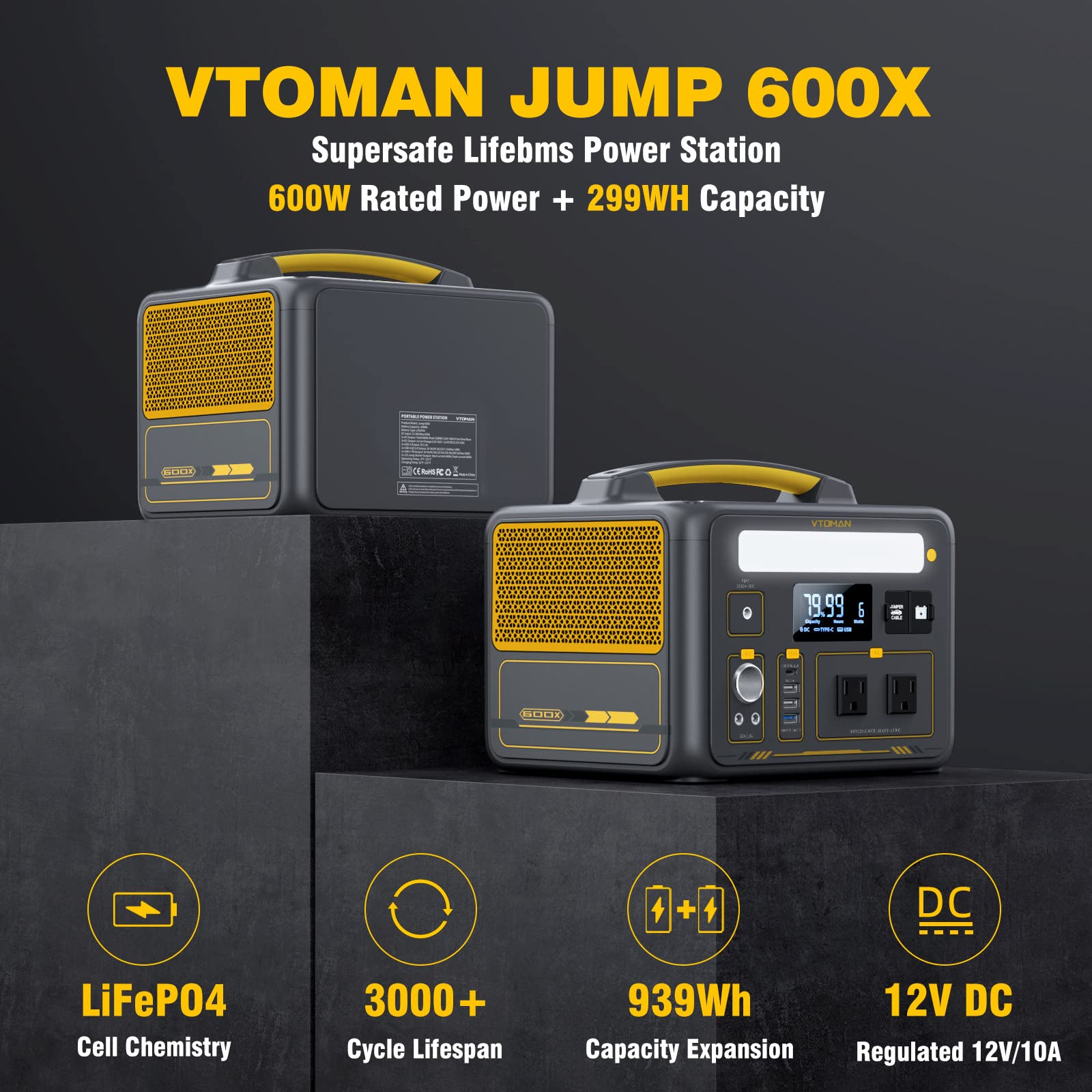 VTOMAN Jump 600X Portable Power Station 600W (1200W Peak), 299Wh LiFePO4 (LFP) Battery Powered Generator with 2x 110V/600W AC Outlets, 60W PD, Regulated 12V DC Output for RV/Van Camping & Home Backup