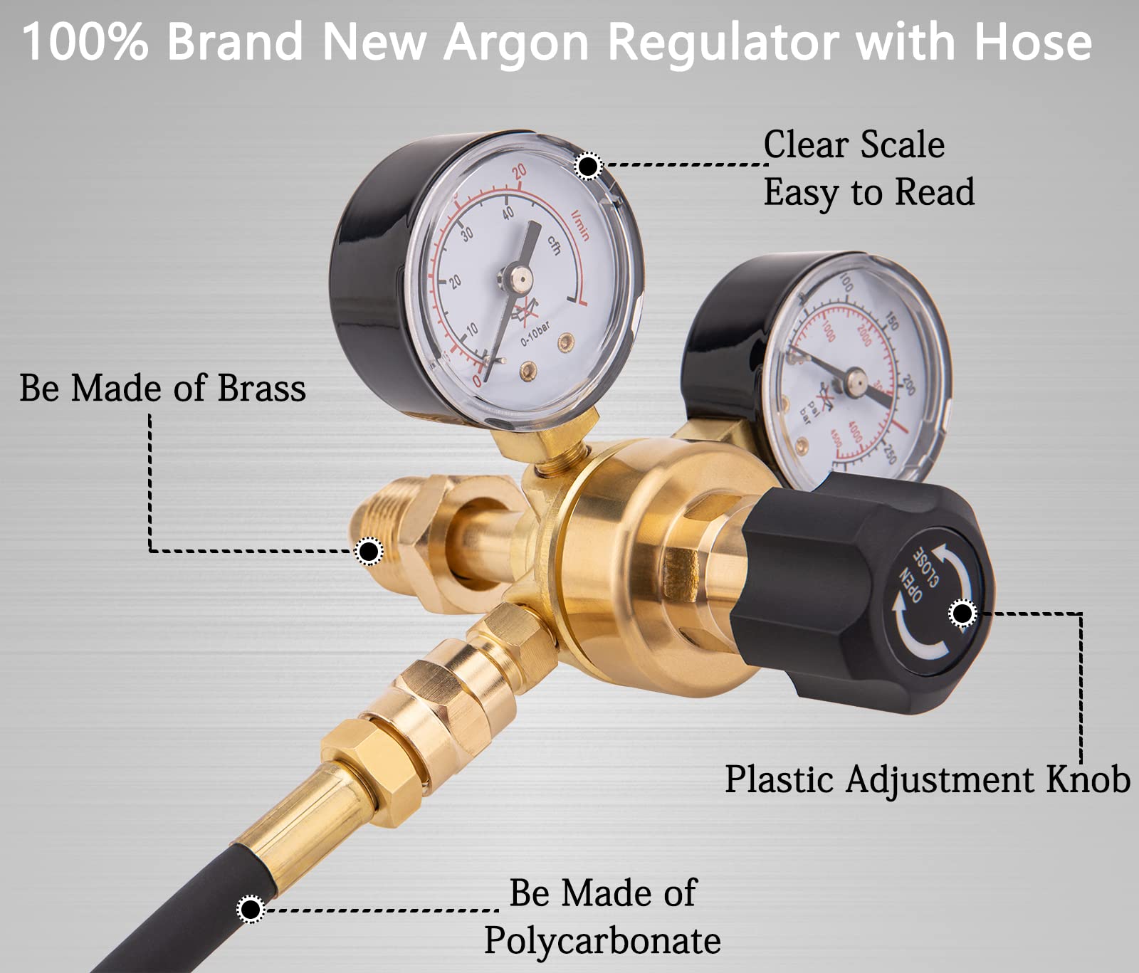 CGA580 Argon CO2 Regulators, Argon Gauges Gas Welding Regulator Compatible with Mig Tig Miller Lincoln Weld 0-4500PSI / 0-10BAR - CO2 Argon Regulator with 6.6Ft Hose