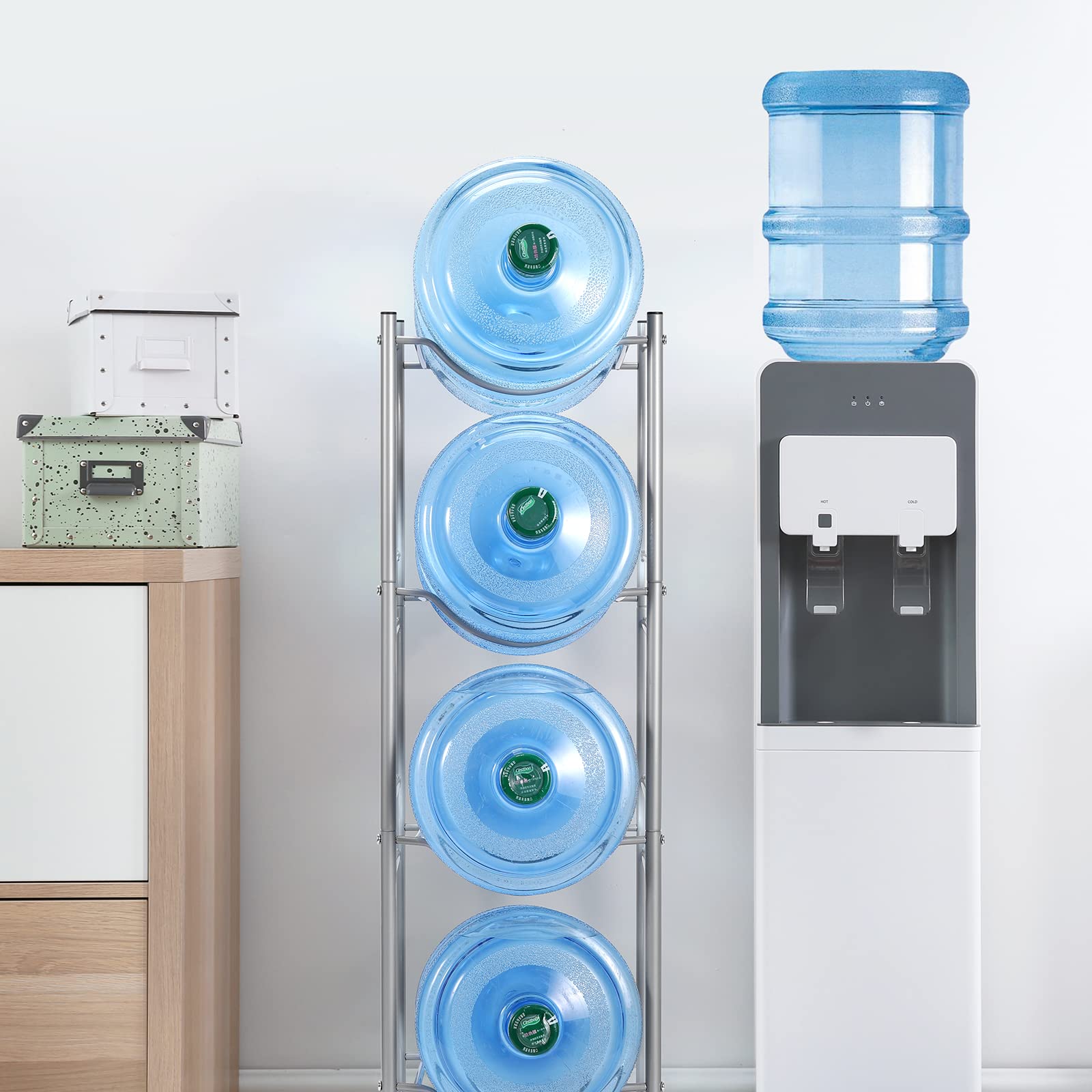 5 Gallon Water Jug Holder Water Bottle Storage Rack, 4 Tier Water Cooler Jug Holder Rack Detachable Water Dispenser Stand for Home Kitchen Office, Silver