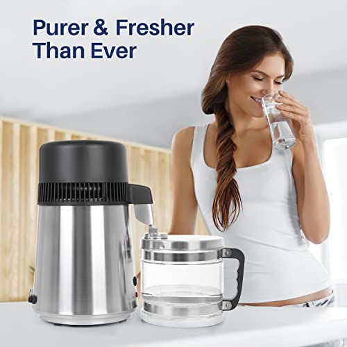 PUREPLUS Water Distiller, 304 Stainless Steel Distilling Water Purifier, with Glass Container, 750W Countertop Water Distiller for Home