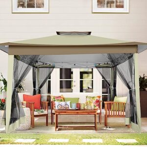 gazebo 12x12 pop up canopy with mosquito net outdoor gazebo for patios deck tent backyard canopy gazebo with 4 ropes, 4 weights, 8 stakes, 2 tiered vented top gazebos