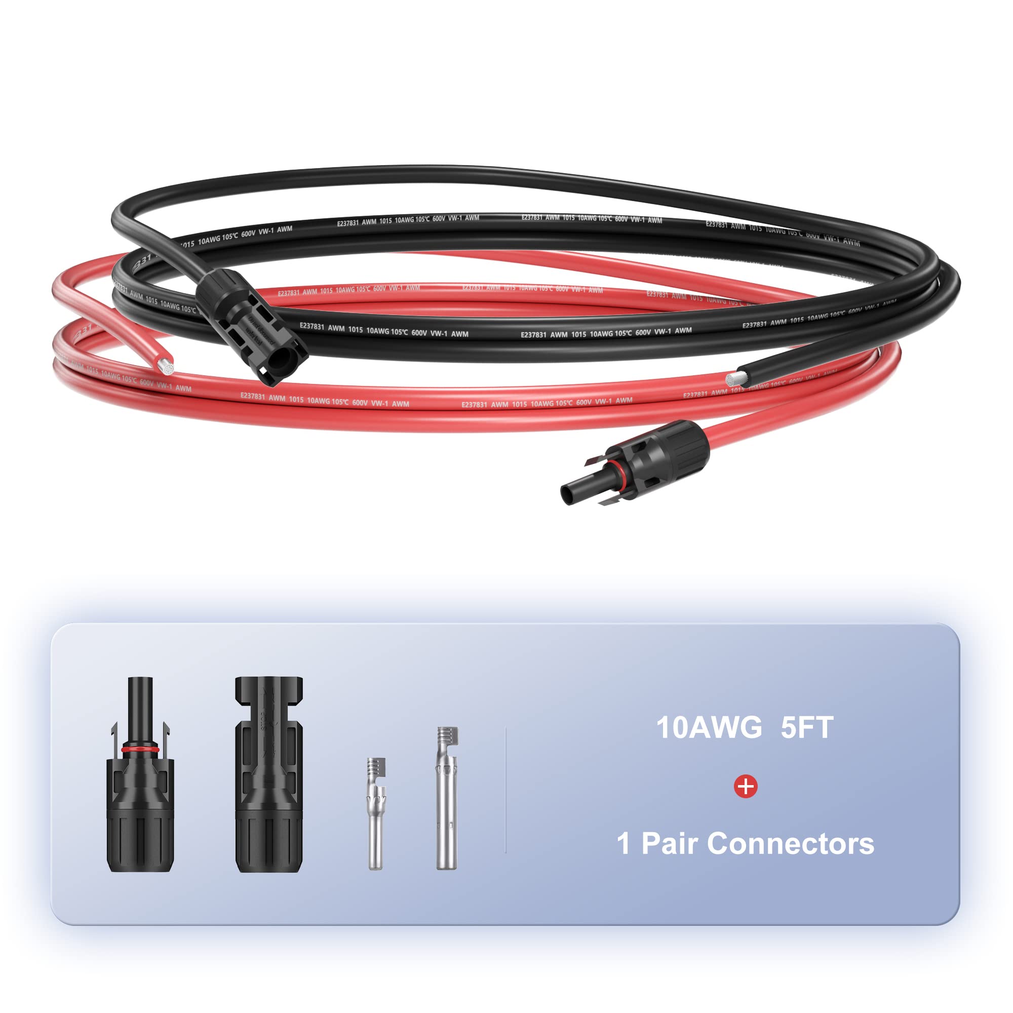 SUNSUL 20 Feet 10AWG(6mm²) Solar Panel Wire, 10 Gauge 20FT Black & 20FT Red Tinned Copper Extension Cable Kits with Female and Male Connector for RV Home Boat and Any Other Off-Grid Applications