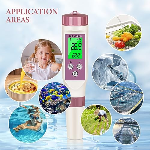 PH Meter Smart Bluetooth Water Tester,7-in-1 Tds Meter/Salinity Tester/pH Meter/EC Meter/Orp Meter/S.G Meter/Temp ph Tester,PH Meter for Water 0.01pH Resolution High Accuracy tds Meter with ATC.