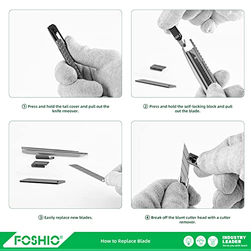 FOSHIO Utility Knife Retractable with 10PCS Snap Off Blades, Stainless Steel Shell with Non-Slip Handle Box Cutter for Cardboard, Boxes and Cartons