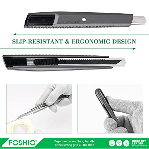 FOSHIO Utility Knife Retractable with 10PCS Snap Off Blades, Stainless Steel Shell with Non-Slip Handle Box Cutter for Cardboard, Boxes and Cartons