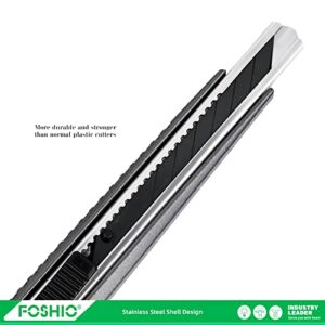 FOSHIO Utility Knife Retractable with 10PCS Snap Off Blades, Stainless Steel Shell with Non-Slip Handle Box Cutter for Cardboard, Boxes and Cartons