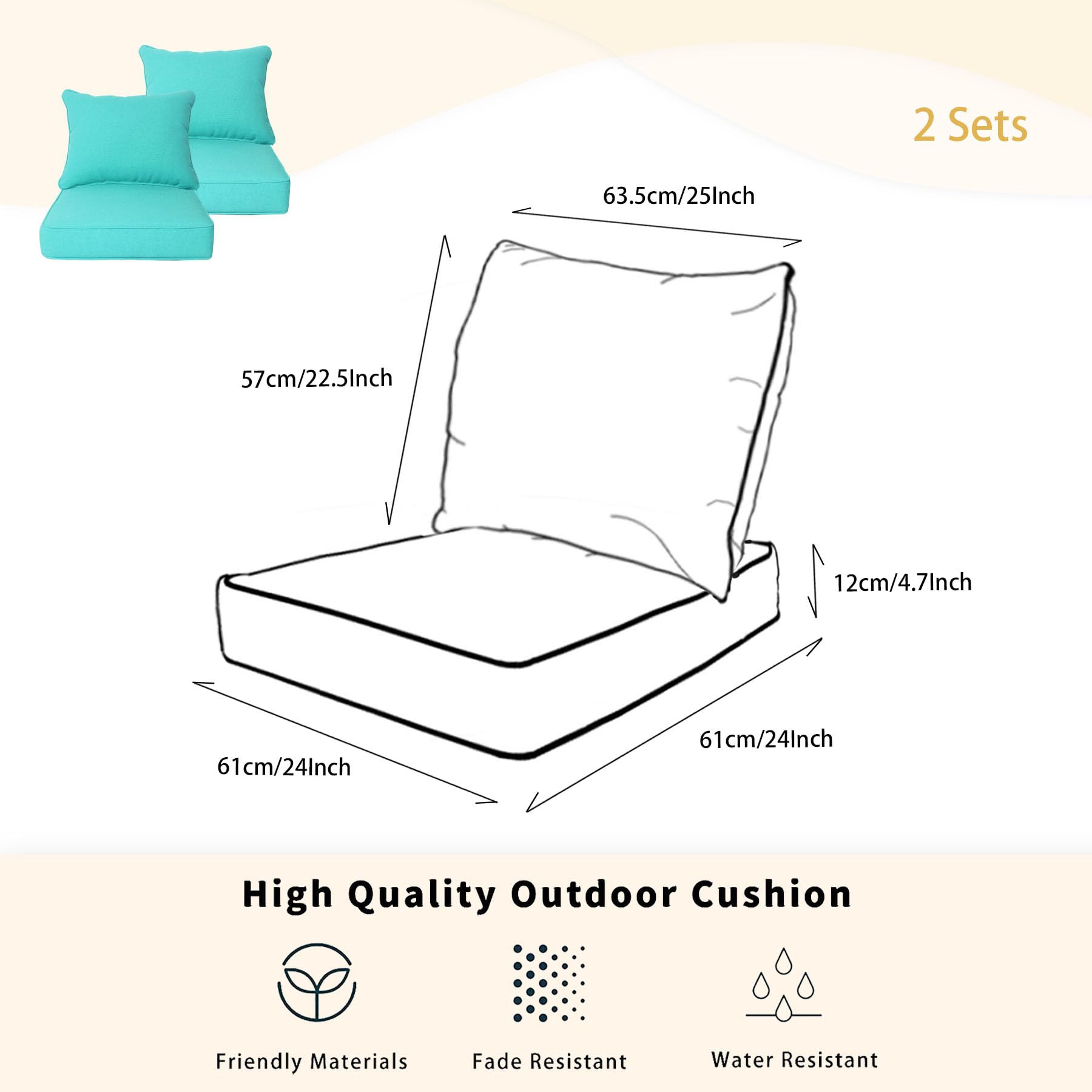 Sunshine Outdoor Green Outdoor Deep Seat Patio Cushions 24x24 inch Patio Furniture Cushions,Fade Resistant, Deep Seat Bottom and Back Cushion for Chair, Sofa and Couch,2 Sets