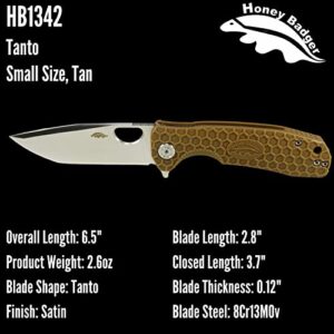 Western Active HB1342 Honey Badger Tanto Small Pocket Knife 2.81" Blade Lightweight 2.57oz Folding Utility EDC Deep Pocket Carry for Outdoor Tactical Survival Camping - Reversible Clip - Small Tan