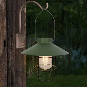 pearlstar Solar Lantern Outdoor Hanging Light Metal Farmhouse Solar Lamp with Warm White Edison Bulb Design for Garden Yard Patio Proch Decor(Green)