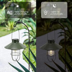 pearlstar Solar Lantern Outdoor Hanging Light Metal Farmhouse Solar Lamp with Warm White Edison Bulb Design for Garden Yard Patio Proch Decor(Green)