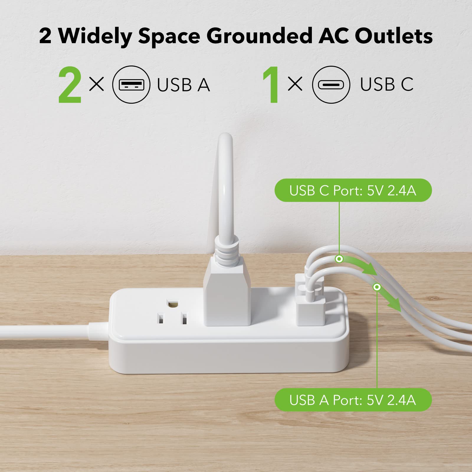 BN-LINK Flat Plug Power Strip with 2 AC Outlets, 2 USB A and 1 USB C Ports(5V,2.4A), 6 Feet Extension Cord, Compact Nightstand Desktop Charging Station for Travel, Dorm, Cruise Ship, ETL & FCC Listed