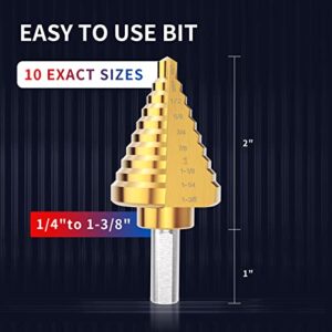 SILATU Step Drill Bit - 1/4” to 1-3/8” Step Drill Bits for Metal, High Speed Steel Titanium Coated Stepping Bit, Unibit Ten-Flute Step Drill Bit Sizes for Wood, Metal, Plastic, Multiple Hole