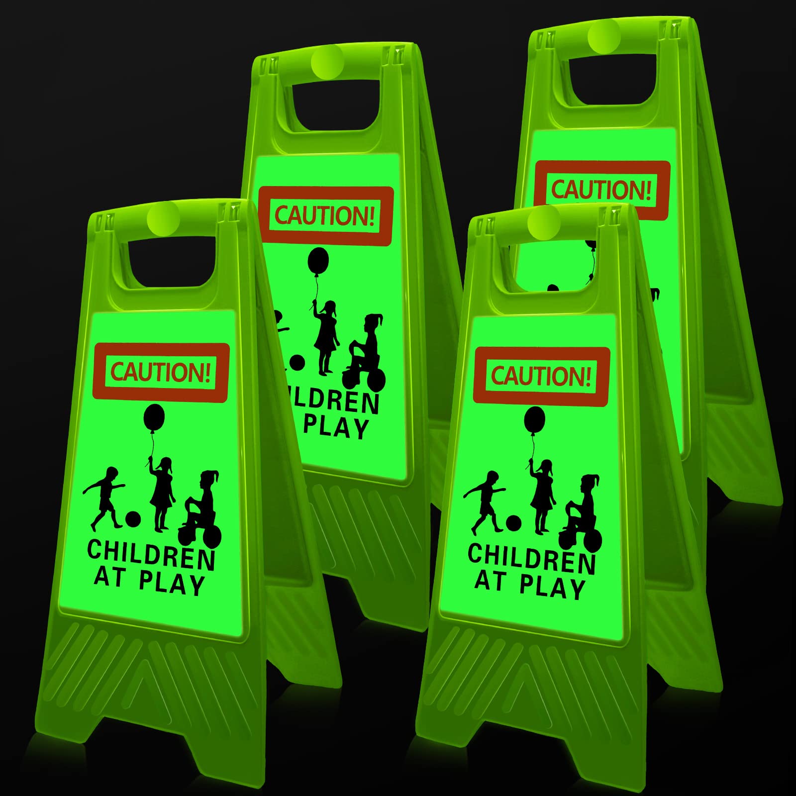 4 PCS Reflective Slow Down Kids at Play Sign Double Sided 24 Inch Portable Handle Children At Play Warning Board Caution Safety Signs for Street Neighborhood Yard School Park Sidewalk Driveway