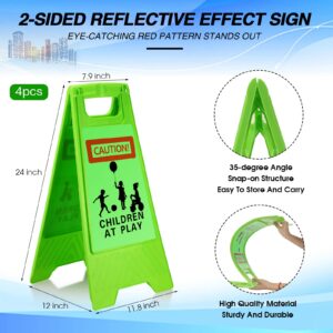 4 PCS Reflective Slow Down Kids at Play Sign Double Sided 24 Inch Portable Handle Children At Play Warning Board Caution Safety Signs for Street Neighborhood Yard School Park Sidewalk Driveway