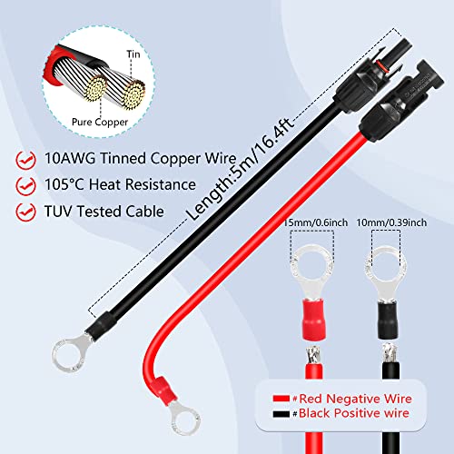 GELRHONR 10AWG Solar Panel Extension Bare Wire with Female and Male Connector Solar Panel Wiring Pigtail Cable Adapter for Solar Panels-(Red+Black) (10AWG 5M/16FT M/F)