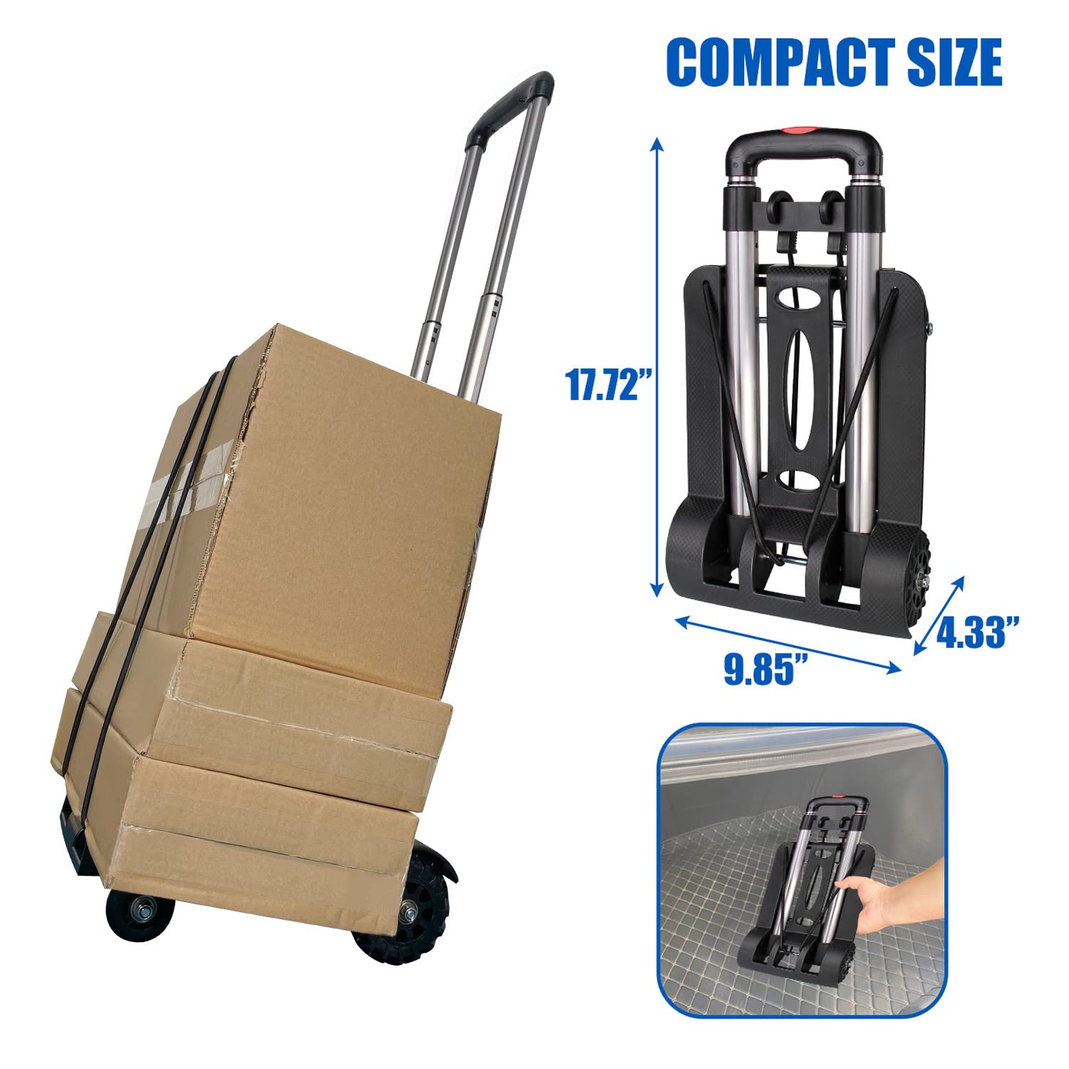 APOXCON Folding Hand Truck, Foldable Dolly Cart for Moving, Light Weight Trolley Dolly with 4 Wheels & Aluminum Alloy Handle, Collapsible Portable Luggage Cart for Travel, Shopping, Office Use