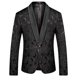 men's floral jacquard dress suit jacket 1 button paisley embroidered tuxedo shawl lapel blazer for dinner,wedding (black,5x-large)