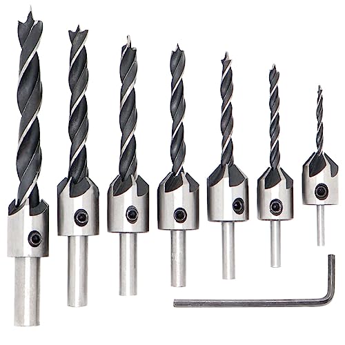 GDFYMI 7Pcs Countersink Drill Bit Set, Brad Point Drill Bit Set, Drill Bits for Metal, Counter Sinker Drill Bit Set, Self Centering Drill Bit, Reamer Set Chamfering Tool with Hex Wrench, 3-10 mm