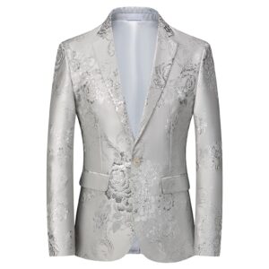 mens notched lapel dress floral suit luxury printed slim fit stylish blazer casual single breasted wedding jacket (white,5x-large)