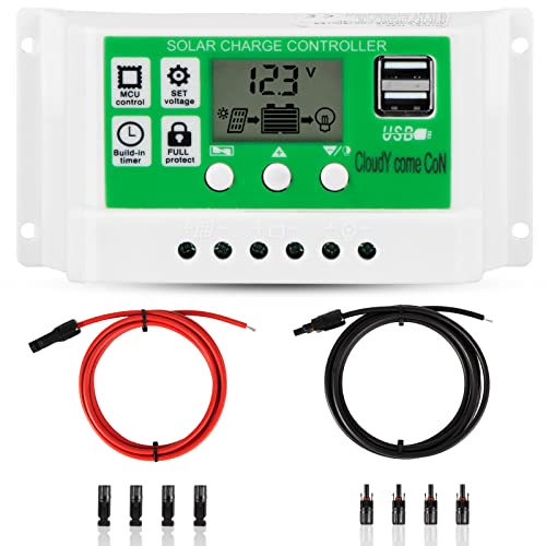 30amp Solar Charge Controller Kit, 12V/24V Solar Panel Charge Controller with LCD Display Dual USB and 10FT 10AWG Solar Extension Cable