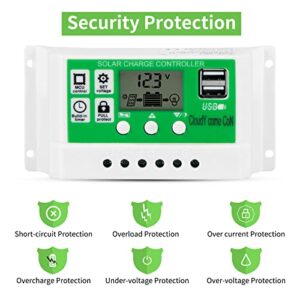 30amp Solar Charge Controller Kit, 12V/24V Solar Panel Charge Controller with LCD Display Dual USB and 10FT 10AWG Solar Extension Cable