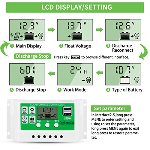 30amp Solar Charge Controller Kit, 12V/24V Solar Panel Charge Controller with LCD Display Dual USB and 10FT 10AWG Solar Extension Cable