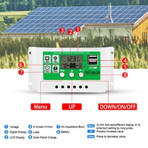 30amp Solar Charge Controller Kit, 12V/24V Solar Panel Charge Controller with LCD Display Dual USB and 10FT 10AWG Solar Extension Cable