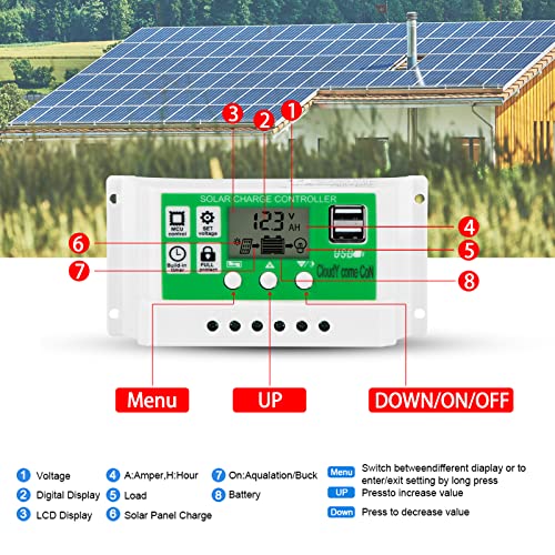 30amp Solar Charge Controller Kit, 12V/24V Solar Panel Charge Controller with LCD Display Dual USB and 10FT 10AWG Solar Extension Cable