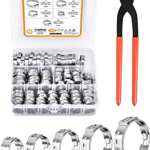 VIGRUE 304 Stainless Steel Single Ear Hose Clamps with Pincer, 105PCS 3/8'' to 1'' Stepless Hose Clamps with Pipe Clamp Tool, Pex Cinch Clamps Rings Tool Assortment Kit
