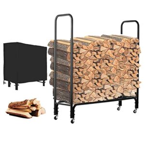 kweetle 4ft outdoor firewood rack with wheels and weather-proof cover, log storage stand metal fire wood holder heavy duty firewood cart for firewood