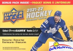 2021/22 upper deck extended series hockey exclusive huge factory sealed blaster box with young gun rookie card! look for 50 new young gun rookies & exclusive green parallels! brand new! wowzzer!