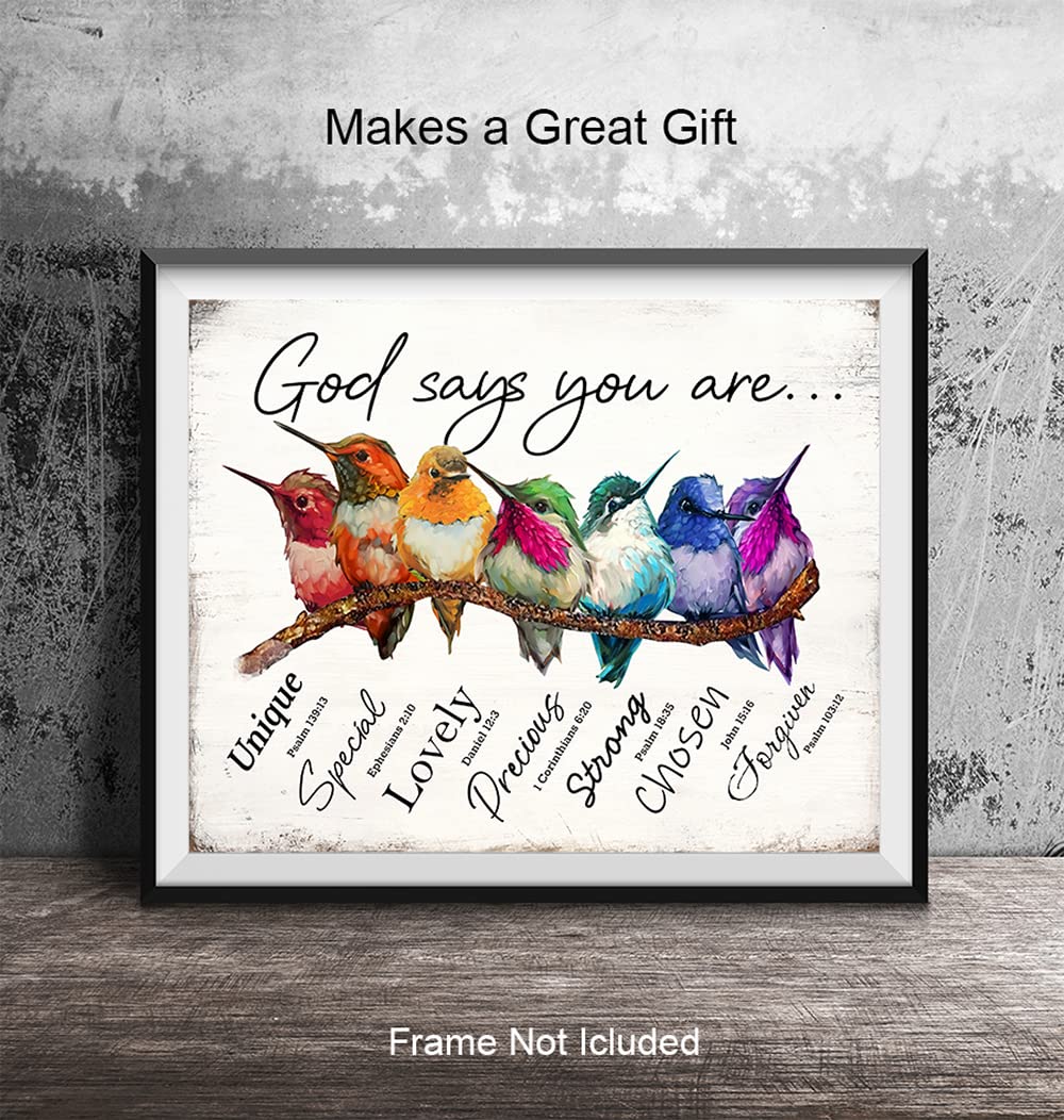 God Says You Are Hummingbirds Wall Art & Decor - Religious Scripture Encouragement Gift for Women - Psalms Bible Verses - Motivational Family Art - Inspirational Positive Quotes Christian Affirmations