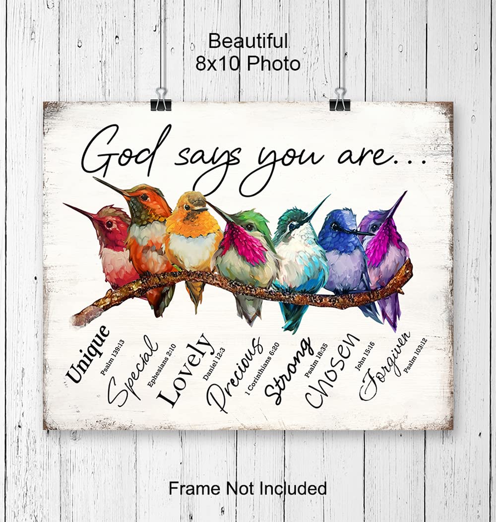 God Says You Are Hummingbirds Wall Art & Decor - Religious Scripture Encouragement Gift for Women - Psalms Bible Verses - Motivational Family Art - Inspirational Positive Quotes Christian Affirmations