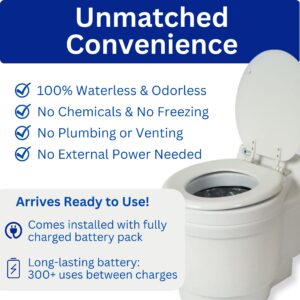 Laveo Dry Flush Toilet - Waterless, Portable, Self Contained and Easier to Use than an Incinerating or Composting Toilet. Great for Tiny Homes, Vans, Boats, Camping, RVs and Off Grid, LDPE, White