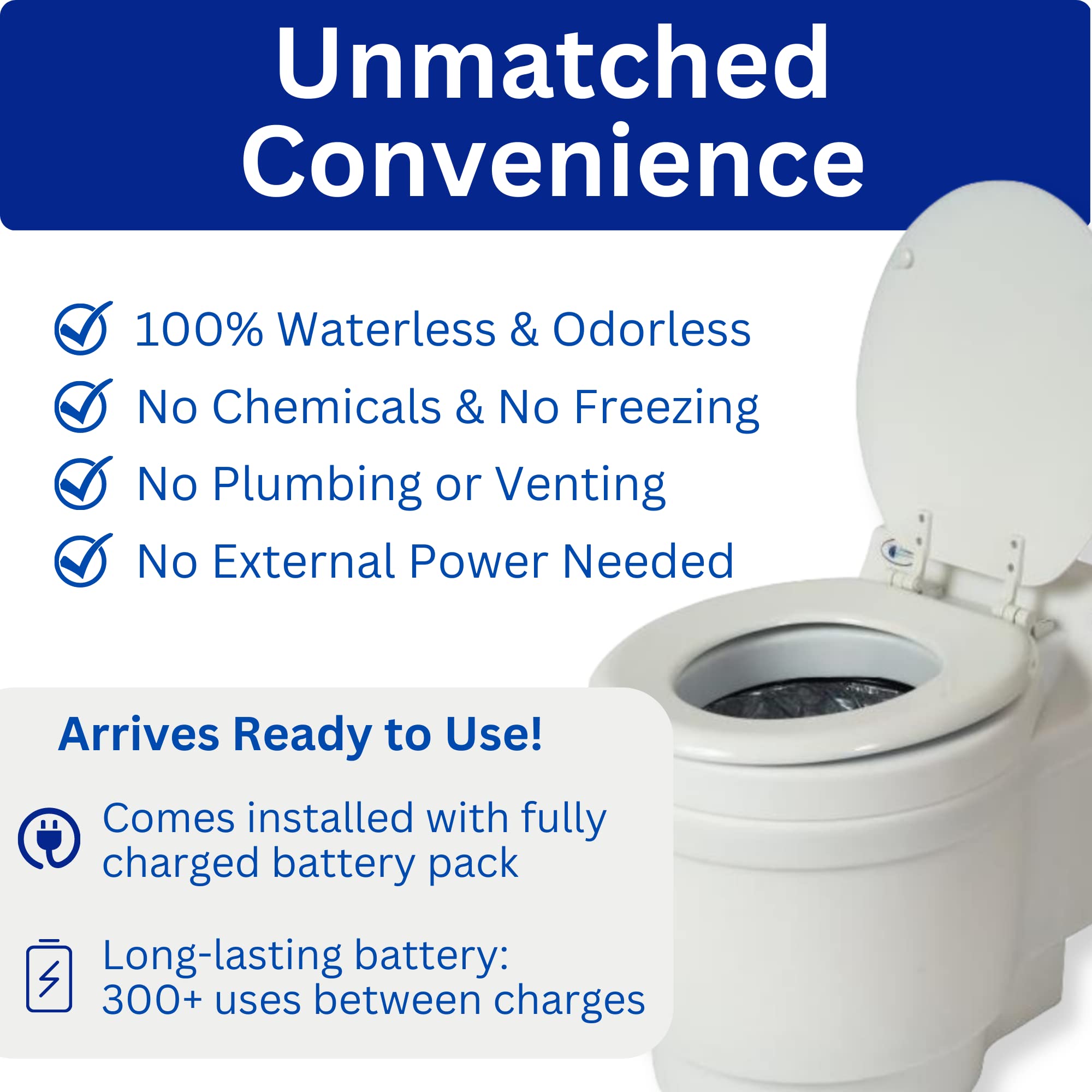 Laveo Dry Flush Toilet - Waterless, Portable, Self Contained and Easier to Use than an Incinerating or Composting Toilet. Great for Tiny Homes, Vans, Boats, Camping, RVs and Off Grid, LDPE, White