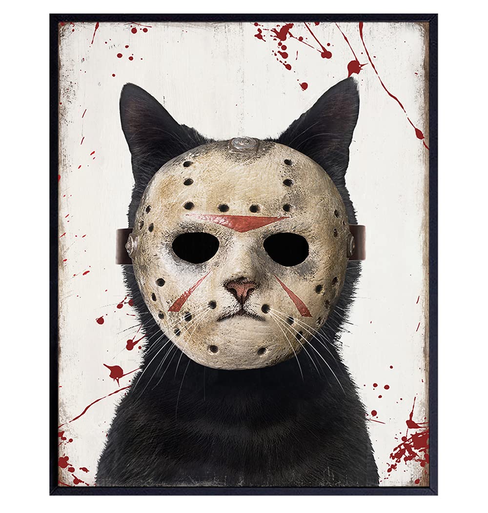 Cat Yellowbird Art & Design Wall Art - Friday the 13th Wall Art - Cute Cat Decor for Men - Funny Cat Gift for Men - Man cave Wall Art - Scary Halloween Wall Art - Black cat Horror Poster 8x10 UNFRAMED