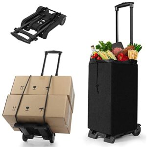 folding shopping cart utility rolling crate compact hand truck dolly on wheels with removable waterproof bag telescoping handle heavy duty 50kg/110lbs for moving travel grocery laundry office(black)