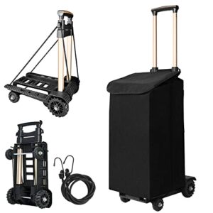 folding utility shopping cart rolling crate portable hand truck lightweight trolley with removable waterproof bag 70kg/155lbs adjustable handle 4 wheels for grocery moving luggage laundry(black+bag)