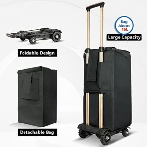 Folding Utility Shopping Cart Rolling Crate Portable Hand Truck Lightweight Trolley with Removable Waterproof Bag 70Kg/155Lbs Adjustable Handle 4 Wheels for Grocery Moving Luggage Laundry(Black+Bag)