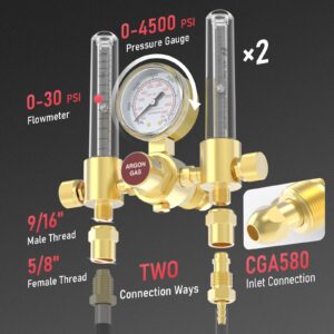 YESWELDER Dual Output Argon Regulator Flow Meter Mig Tig,0-4500PSI,CGA580 Inlet Connection