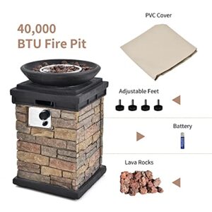 ORALNER Propane Fire Pit, Fire Column 40,000 BTU Outdoor Fire Bowl w/Rain Cover & Lava Rocks Auto Ignition Metal Patio Fireplace Gas Firepit for Outside Patio Courtyard Porch Deck Pool (Brown)