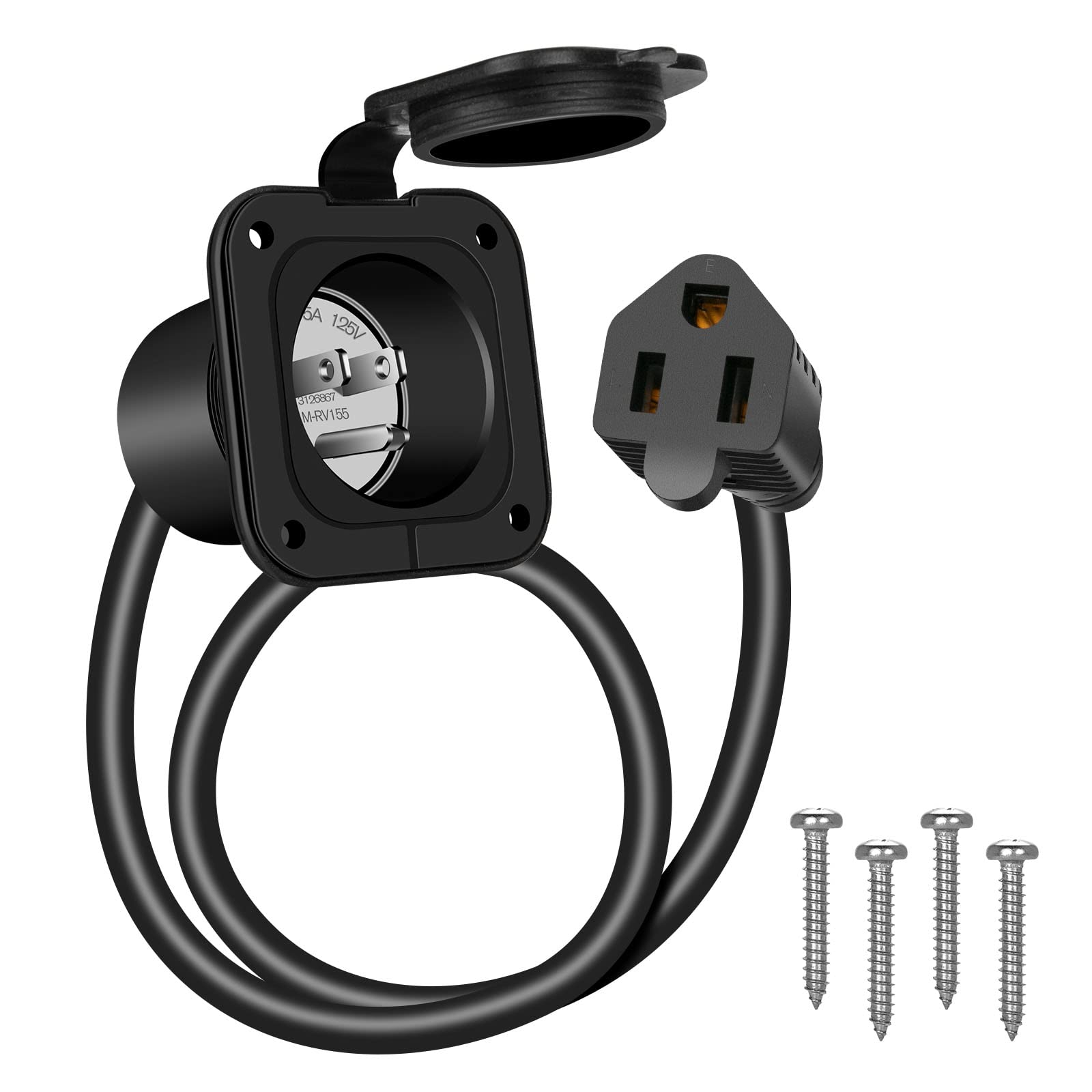 BEBOBLY 15 Amp AC Port Plug, 125V Power Inlet Socket with Waterproof Cover & Integrated 18" Extension Cord, 2 Pole 3-Wire NEMA 5-15 Flanged Generator Inlet Plug for RV Boat Electrical Connections