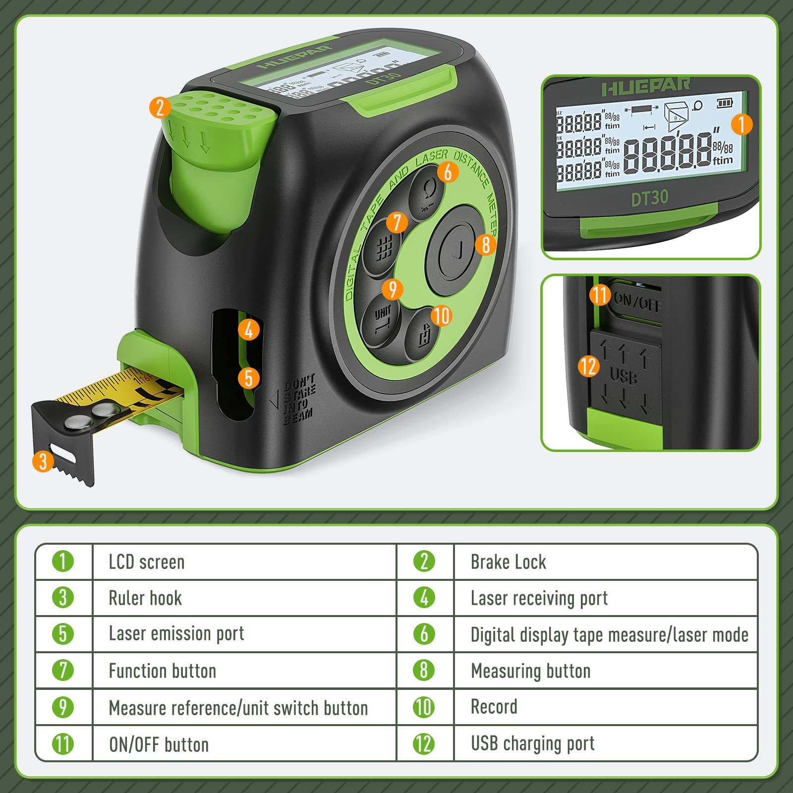 Huepar 2-in-1 Laser Tape Measure, 197Ft Rechargeable Laser Measurement Tool & 16Ft. Measure Tape with Backlit LCD & Movable Hook -Pythagorean, Area, Volume, M/in/Ft Unit Switch Digital Distance Meter